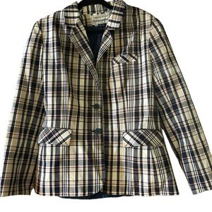 Donn Kenny Size 14 Vintage Plaid Blazer, 3 pockets, navy, beige, white, 2 button